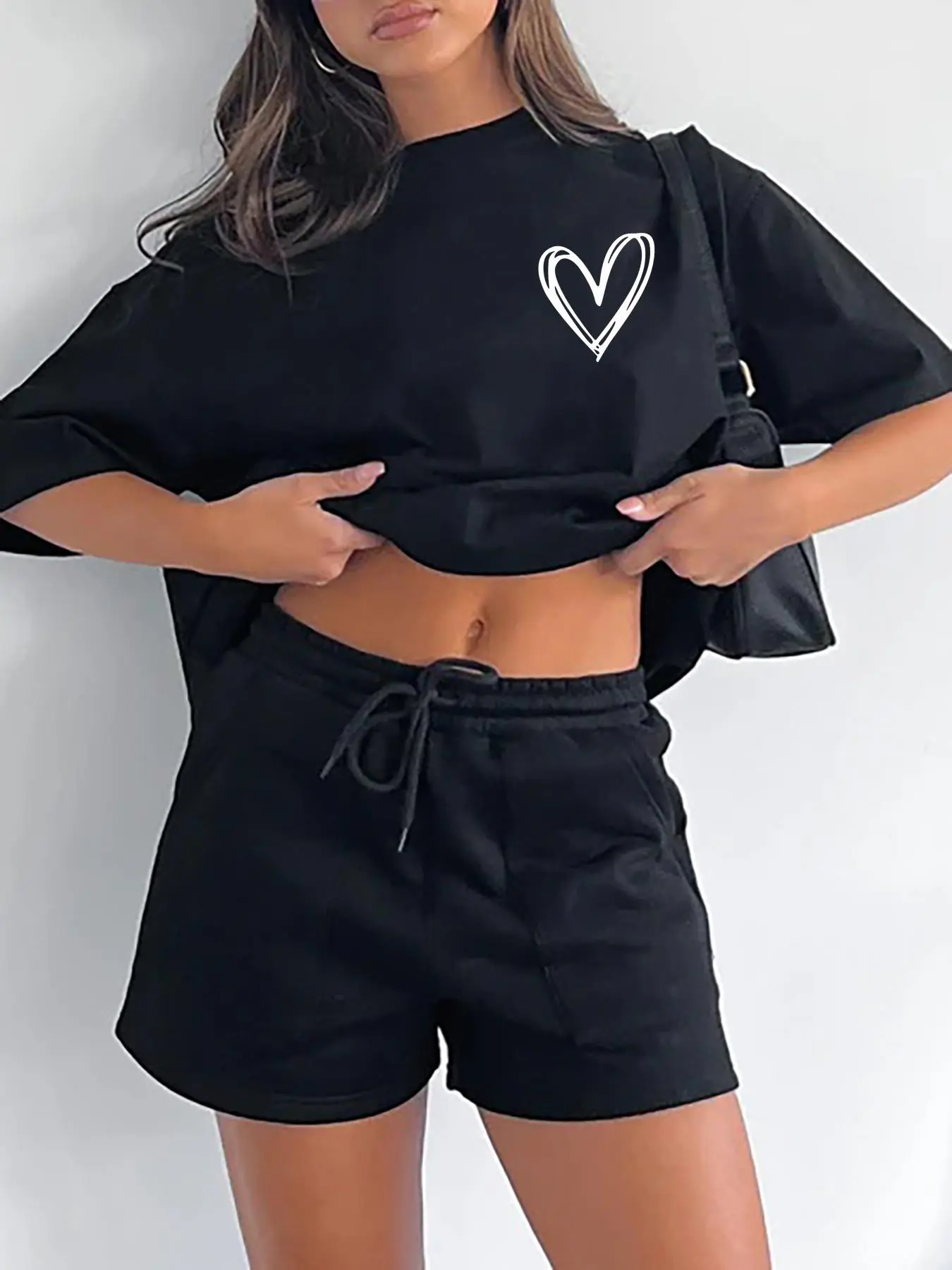 Summer Women's Heart Print Drop Shoulder Tee, Comfort Summer Clothes Women, Casual Fashion Short Sleeve Round Neck Oversized T Shirt for Summer, Ladies Clothes for Daily Wear, Womenswear Valentine's Gift