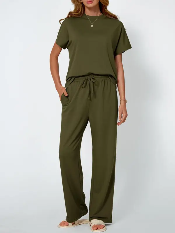 Women's Solid Color Shortsleeve Top & Pants Loungewear Two-Piece Set, Casual Comfy Short Sleeve Tee & Trousers Pajama Set, Ladies Sleepwear for Summer, Womenswear, Pjs 8
