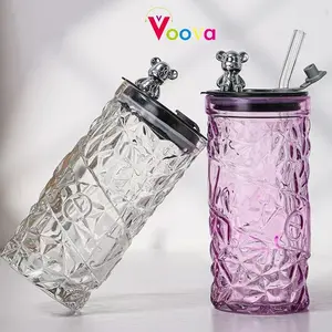 [COD] [BEST SELLER] Gelas Kaca/ Tumbler Kaca Aesthetic/ Bear Lid Glass/ Gelas Kaca Borosilicate Tinggi/ Cangkir Minuman/ Cangkir Kopi