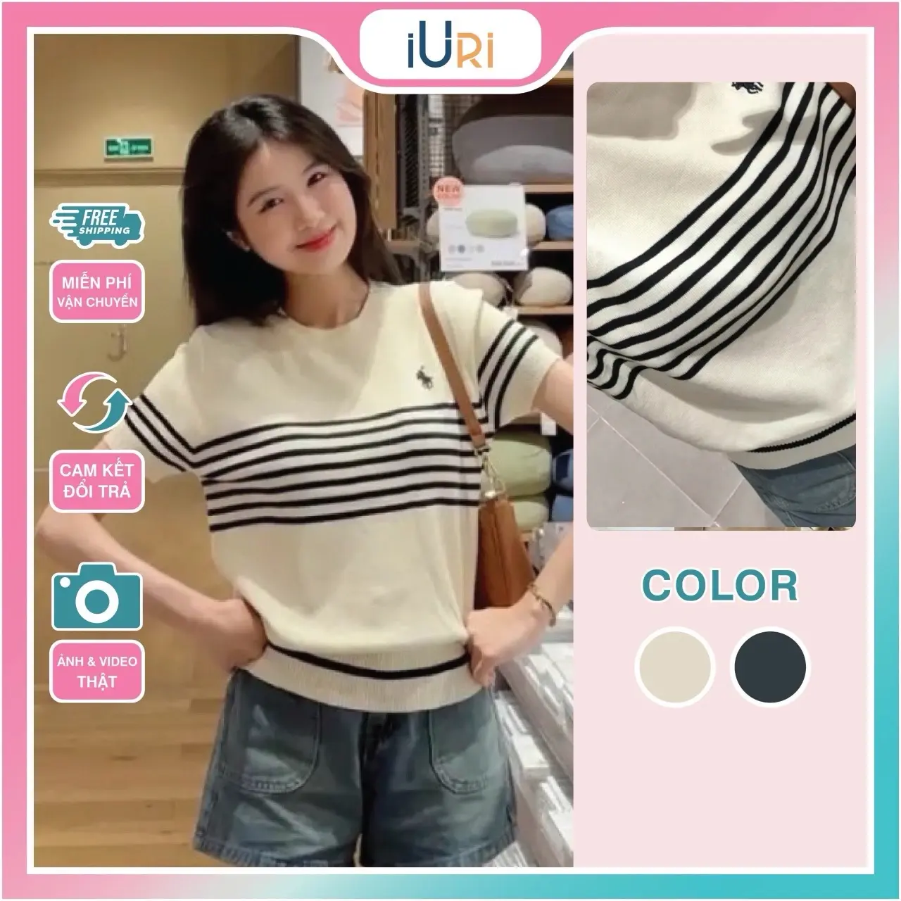 {GIÁ MỞ BÁN} áo thun dệt kim Sọc thêu Hình Ngựa LEN MỎNG Mongtoghi cổ tròn dáng rộng QC free size <58kg woman đen trắng MÁT MỊN iurihouse