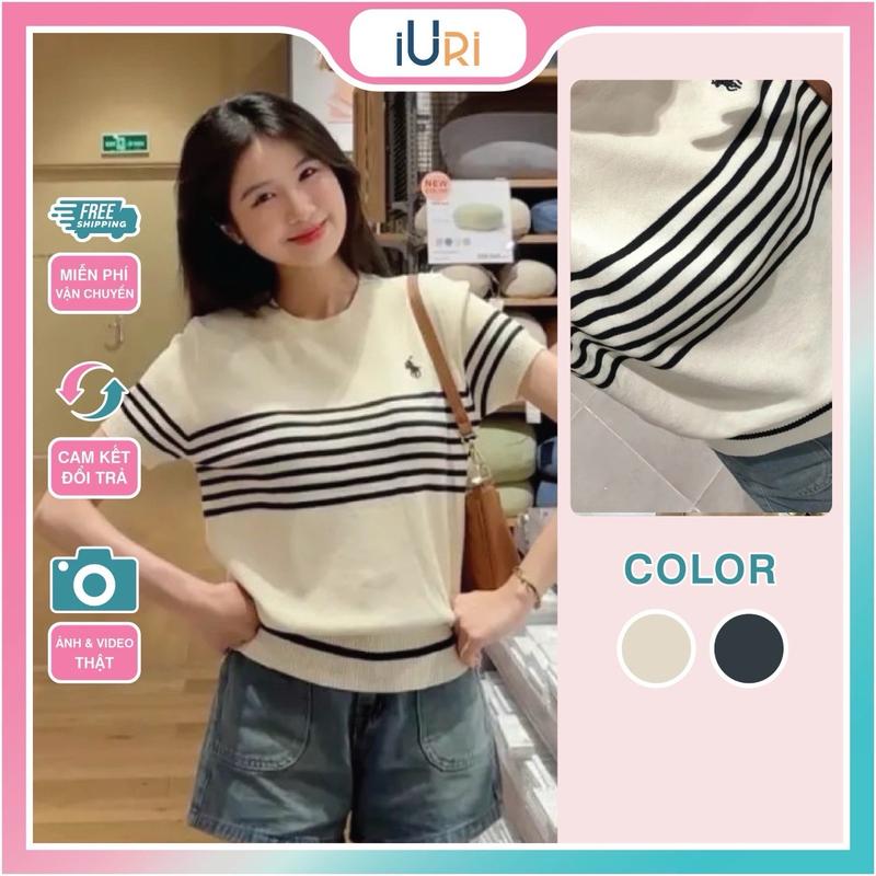 {GIÁ MỞ BÁN} áo thun dệt kim Sọc thêu Hình Ngựa LEN MỎNG Mongtoghi cổ tròn dáng rộng QC free size <58kg woman đen trắng MÁT MỊN iurihouse 1