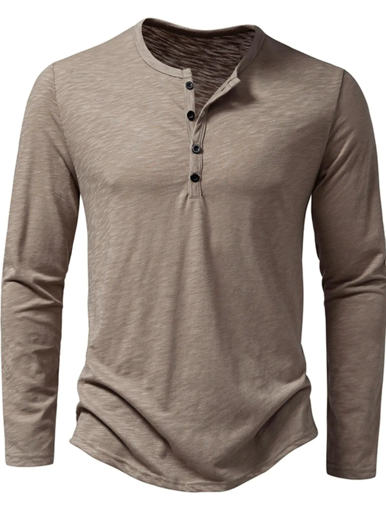 Men's Button Front Round Neck Henry Tee, Regular Fit Solid Long Sleeve Tee for Daily Wear, Casual Soft Comfy Tee for All Seasons