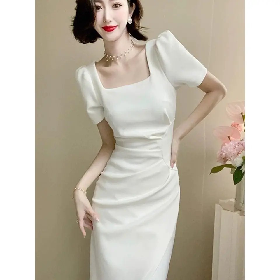 25010 Baju Dress Putih Wanita Kondangan Simple Elegan Midi Dress Panjang  Lengan Pendek Dress Pesta Mewah Kekinian Terbaru 2025 Korean Style - Shop  | Tokopedia
