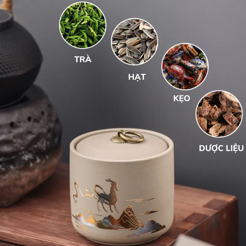 Hộp đựng trà gốm tử sa, hũ đựng trà họa tiết mạ ánh kim cỡ lớn, nắp khít cao cấp Đựng Gia Vị Bình 3