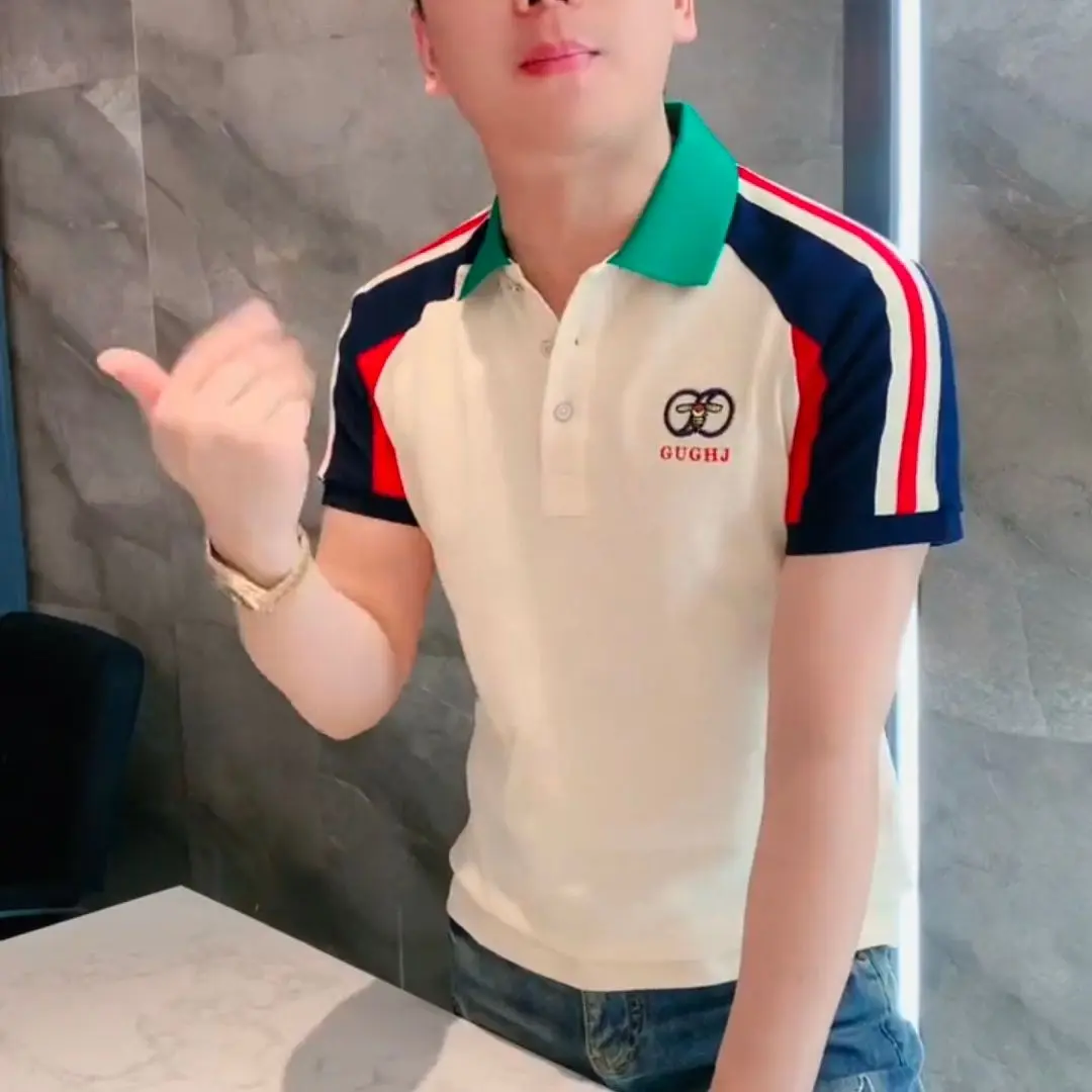 Áo Thun Nam Ngắn Tay Hàng Châu Âu, Hàng Mới Về Mùa Hè, Ve Áo Ruy Băng Khối Màu, Dáng Ôm, Áo Polo Thời Trang, Có Nút Cài Menswear Có Cổ