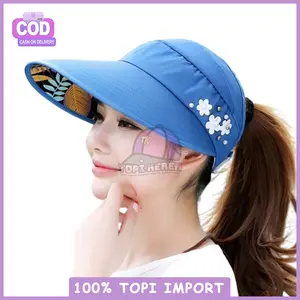 Topi Visor Pantai Anti Sinar Uv Matahari Lipat Motif Bunga Ungu Hitam Merah Coklat Pink Lebar Besar Wanita Nyaman Untuk Kulit Anti Air