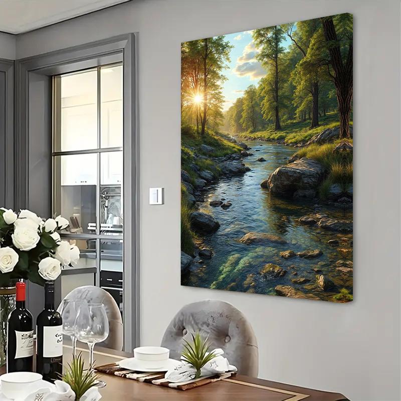 Product Introduction of 1 Piece Vibrant Forest Stream Canvas Art - 40.64x 60.96cm Elegant Frame Wall Decoration, Waterproof Wooden Frame, Home, Bedroom, Office Tranquil Nature Scene - Hangable, Ideal Gift for Friends and Family, Outdoor Decoration 2