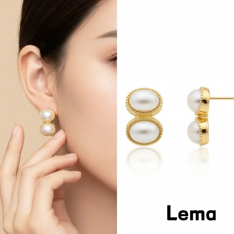 [Lema] Anting Batu Tiger Eye Eliptis Ganda Bingkai Emas Q308