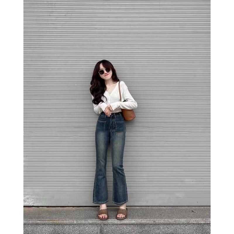 Quần jeans loe túi trước mài đùi lưng cao có giãn kiểu dáng Hàn Quốc 2
