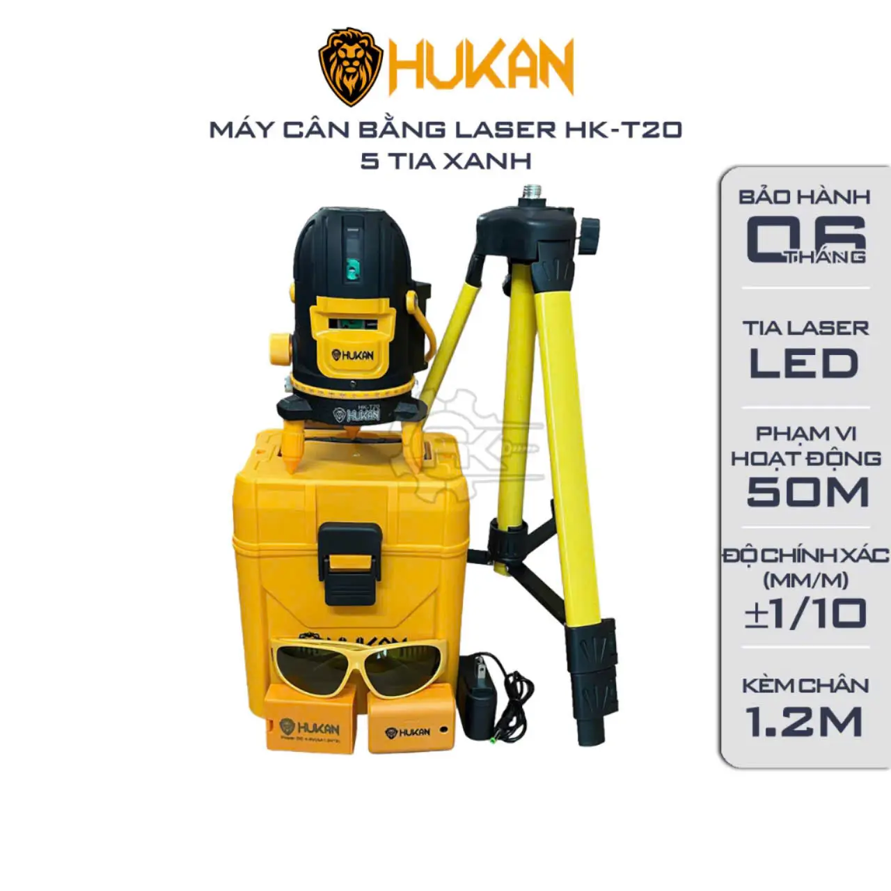 Máy cân bằng laser HUKAN T20 .5 tia xanh  ,Có kèm chân 1,2m -Máy gồm 2 pin