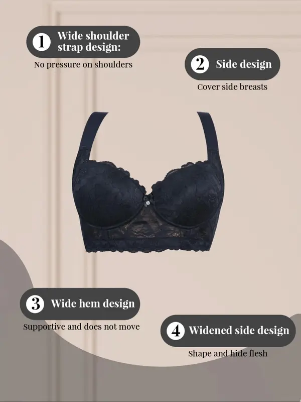 Women's Solid Color Lace Bra, Adjustable Strap Push Up Bra, Soft Comfortable Breathable Underwear for Women, Lingerie for All Seasons 8