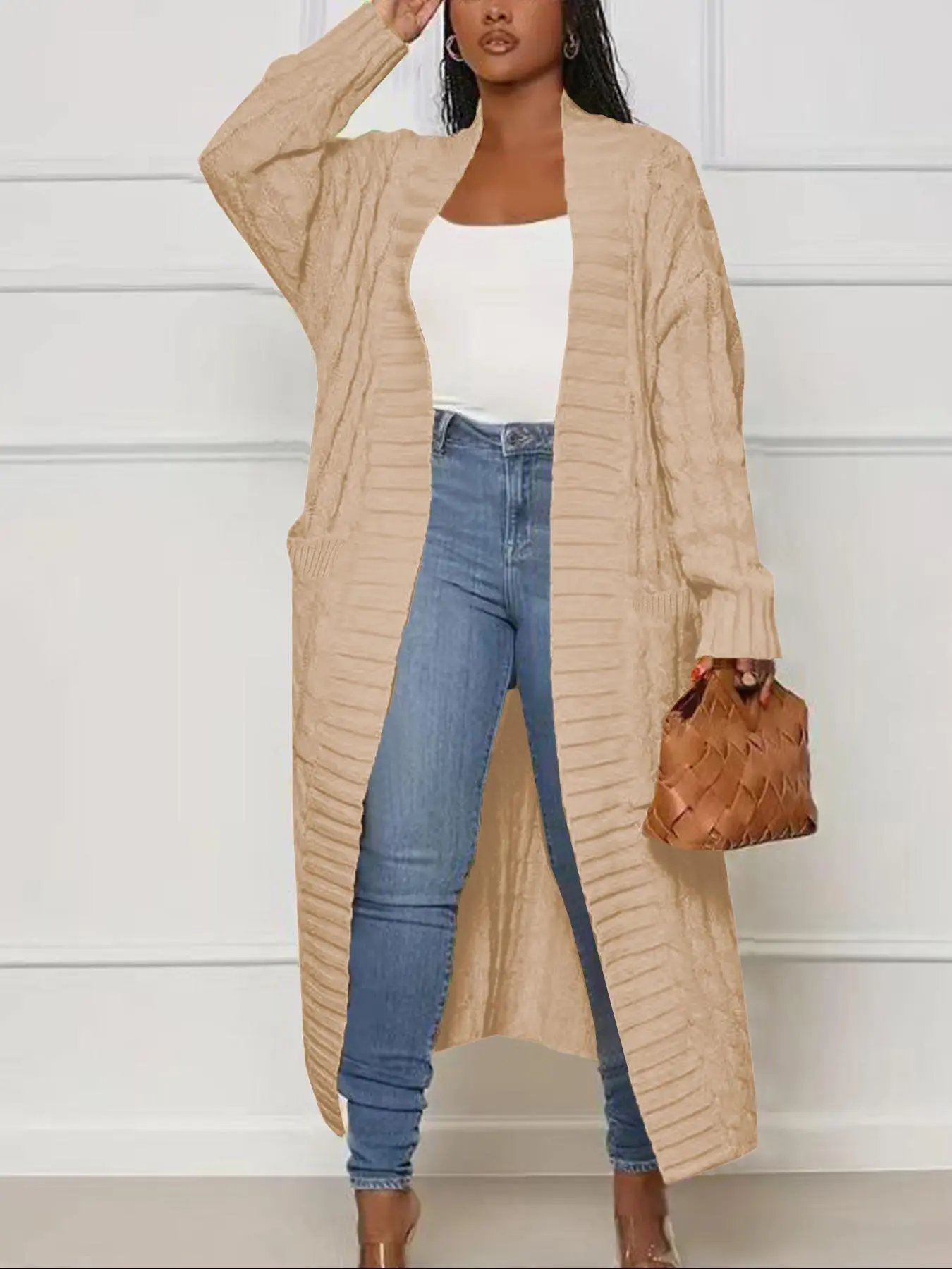 Women's Solid Color Textured Drop Shoulder Long Cardigan, Casual Long Sleeve Pocket Open Front Knitwear for Fall & Winter, Fashion Ladies' Knit Clothing for Daily Wear
