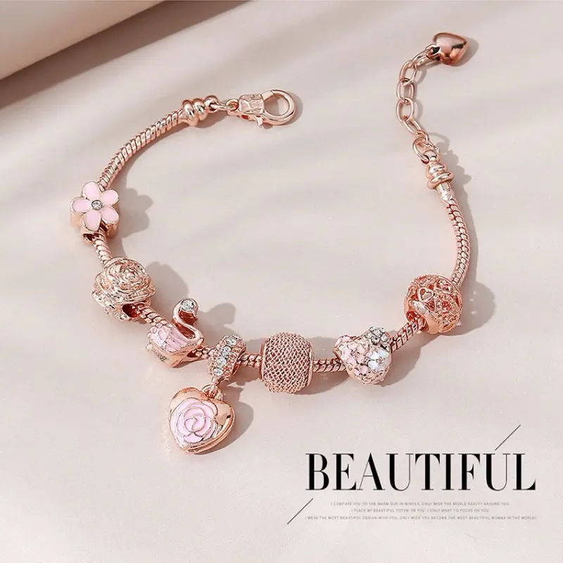 Gelang Tangan Wanita PAND0RA Charms DIY  Rantai Titanium Bracelet Serut Bangle Klip Gamora Original Hati Simpel dan Elegant 1