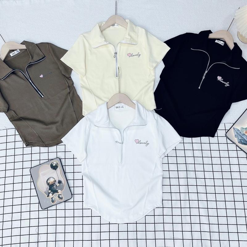Áo thun cổ trụ in chữ lovely Polo chất Borip co giản 4 chiều kiểu dáng ôm vừa phối dây kéo kim loại  - Mã Baby tee cổ trụ in trái tim Có Cổ Cotton