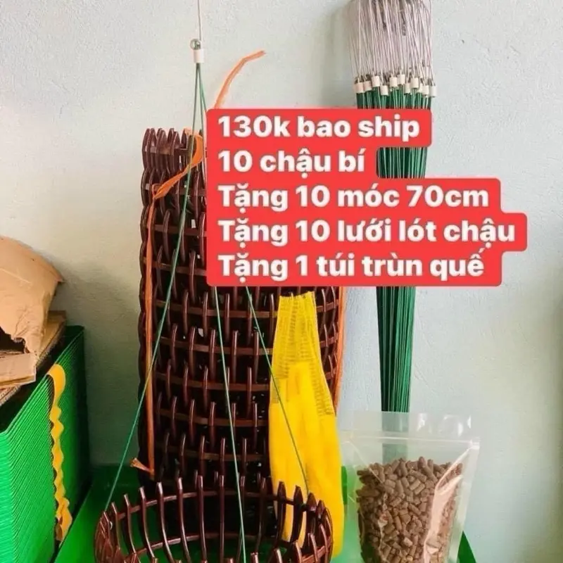10 chậu bí F21 + 10 móc 70cm +10 túi lưới +1 túi phân trùn quế