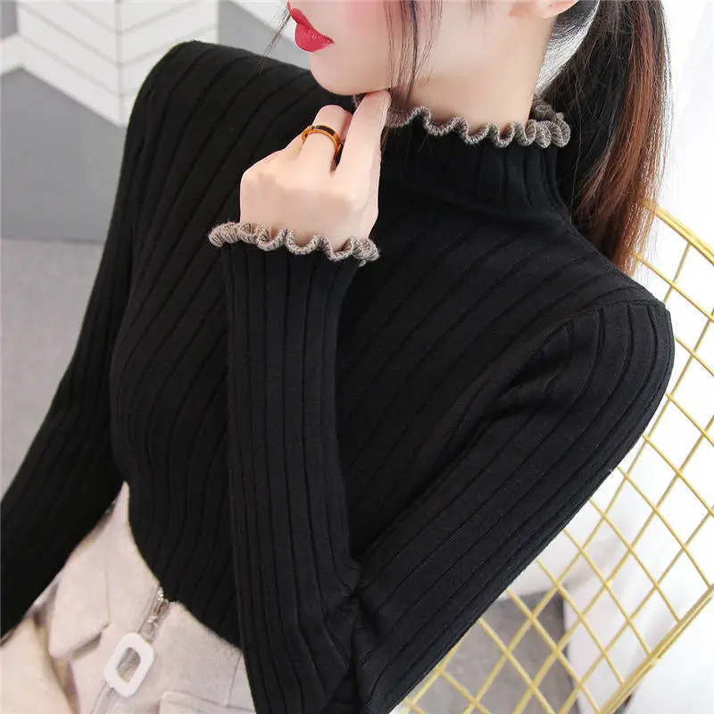 Autumn and Winter New Style Wooden Ear Thickened Half-High Collar Inner Wear Sweater Women's Pullover Short Slim Knit Bottoming Shirt Women's Trendy Fasciitis