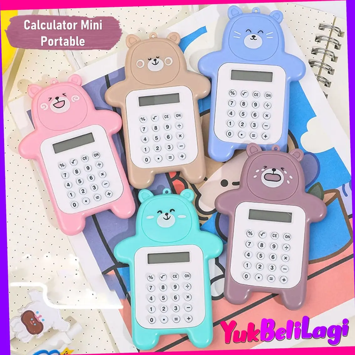 YBL-BUNDLING ISI 1PCS / 5PCS Calculator Mini Portable Motif Bearr Unik 8  Tombol Karet Warna Kalkulator Kecil (BELI LOKAL)
