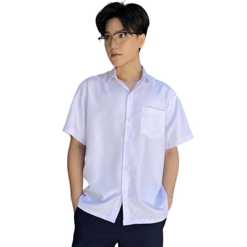 ÁO SƠ MI NAM KATE THUN MÀU  TRẮNG TINH CHO HỌC SINH CẤP 123 CÓ CO GIÃN NHẸ VẠT NGANG XẺ TÀ FORM OM GỌN NGẮN TAY BỎ NGOÀI QUẦN TRONG QUẦN FASHION KHÔNG NHĂNG CÓ TÚI Có Cổ Menswear