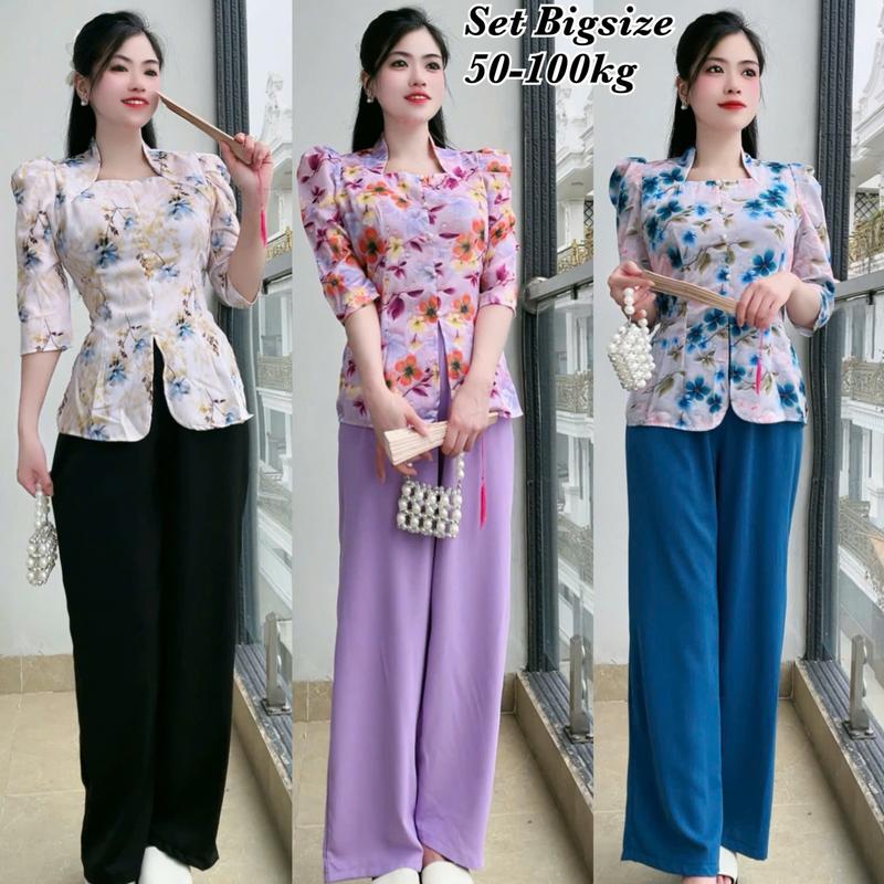 Set Bộ Đồ Bà Ba Bigsize Nữ Hoàng Đi Lễ Chùa Áo Hoa Cổ Vuông Đính Ngọc Trai Kèm Quần Dài Vải Lụa Mango Cao Cấp Thanh Lịch Sang Trọng 50-95kg Áo Top Đồ Lam Pháp Phục Bigsize Women Tay Loe Nhung Ống Loe Dài Tay Đen Voi Ong dobo nguoi - 2374