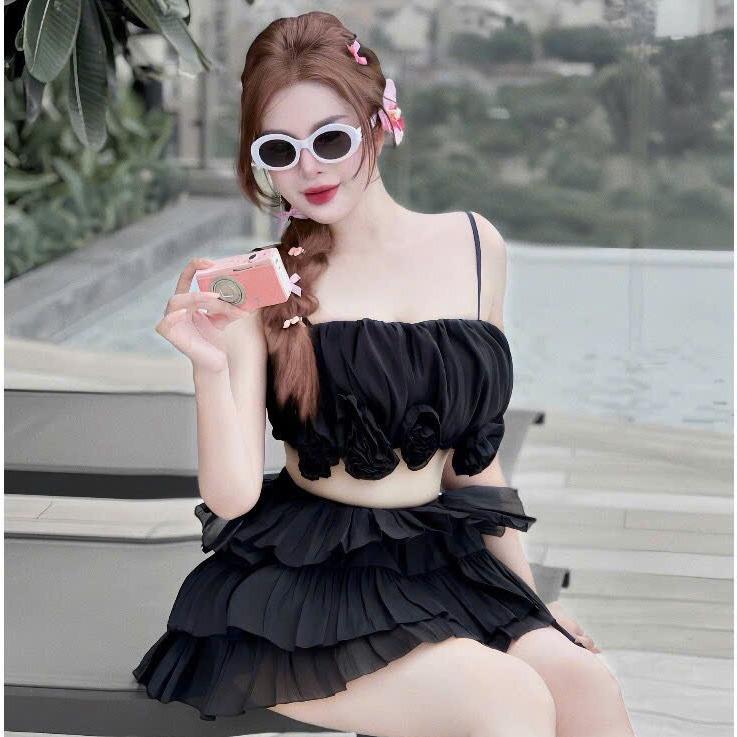Set váy voan thiết kế áo ngắn hai dây (có mút) đính hoa kèm khoác phối chân váy xòe tầng có lót Nữ Women Kem Dress Top 5