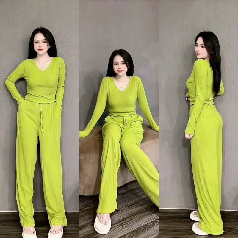 95. 1857 Set Bộ Dài Suông Tay Dài Cổ Tim Chất Đẹp. Quần Dài Ống Suông Có Túi, Áo Vạt Ngang. Nữ Top Vàng Thun Women Ong Nhung 0