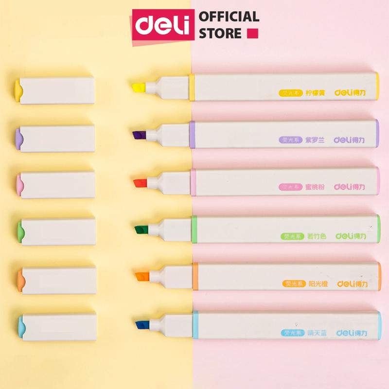 Bộ 6 bút highlight Macaron đánh dấu màu pastel kèm sticker trang trí Deli tiện lợi cho học sinh văn phòng S741