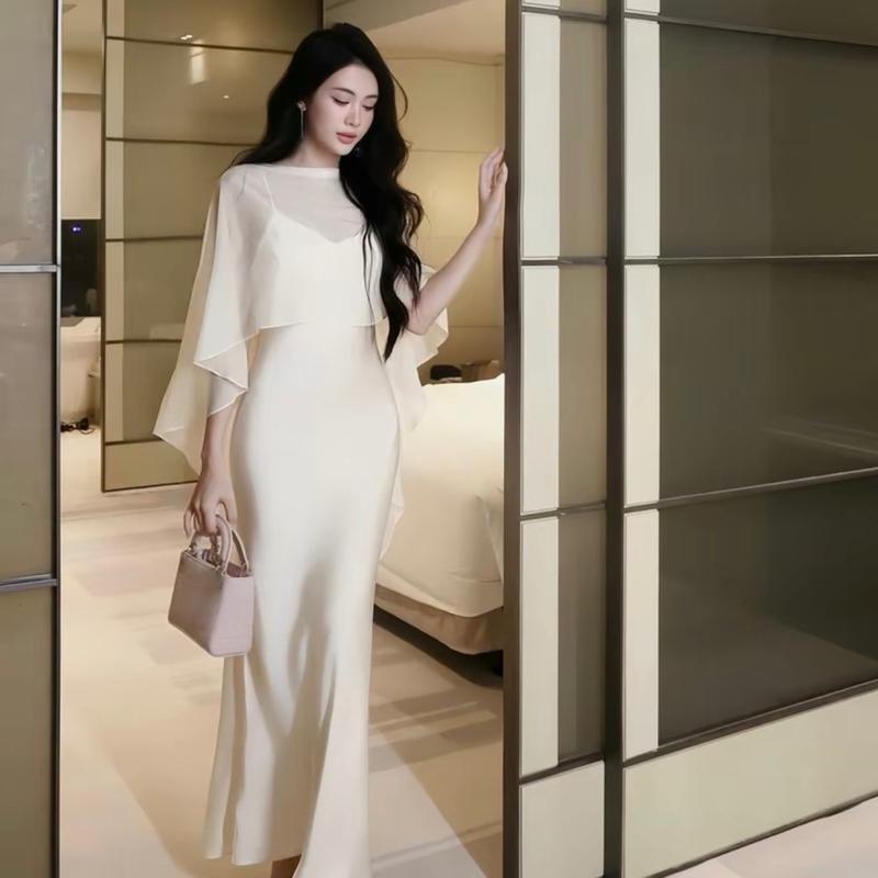  D050 Đầm Lụa Sang Trọng Dáng Dài Thanh Lịch Phối Áo Choàng Lưới Nhẹ Nhàng Cho Nữ - Women Dress 
