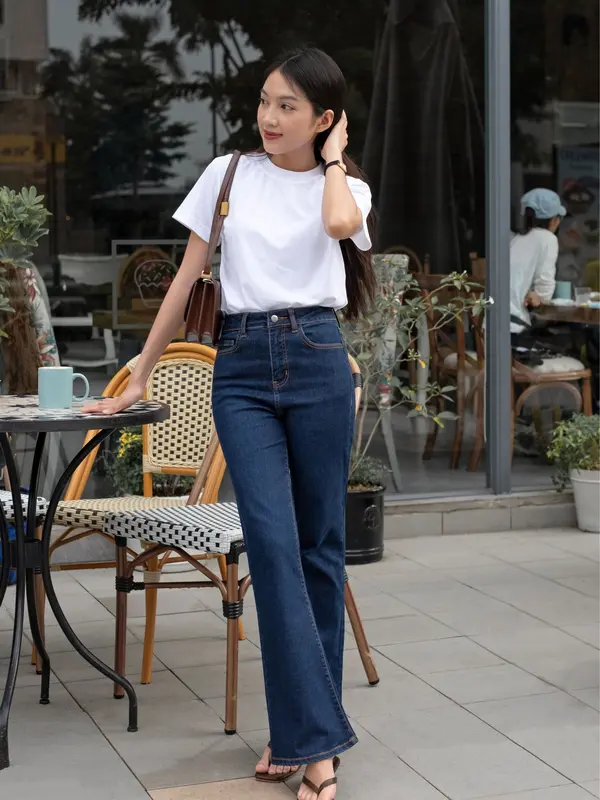 [Hashtagem] Quần Ống Loe Classy Flare Jeans Pageant Blue, Lưng Cao,Co Gĩan Màu Xanh Đậm Hiện Đại (CFJ.4) Women Pants quần  bò  ống  loe 6