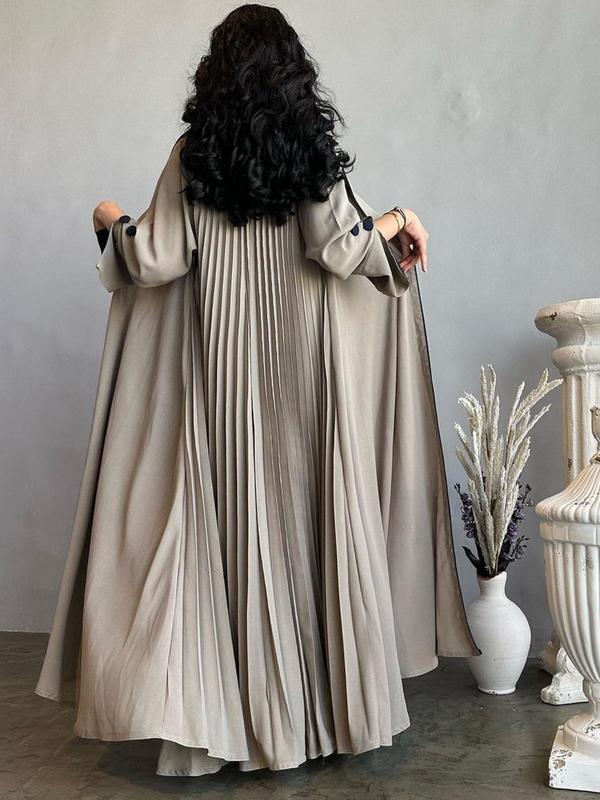 Arabic Clothing-Solid Fake Buttons Plicated Abaya, Elegant Split Sleeve Shawl Collar Outerwear, Women's Islamic Clothing For Spring & Fall 2
