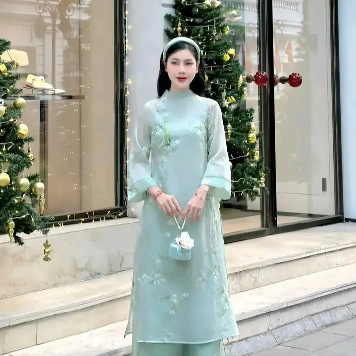 Aó dài tơ nhă hoa mai hot trend 2025 cho nữ - Women  Sen Dress Voan