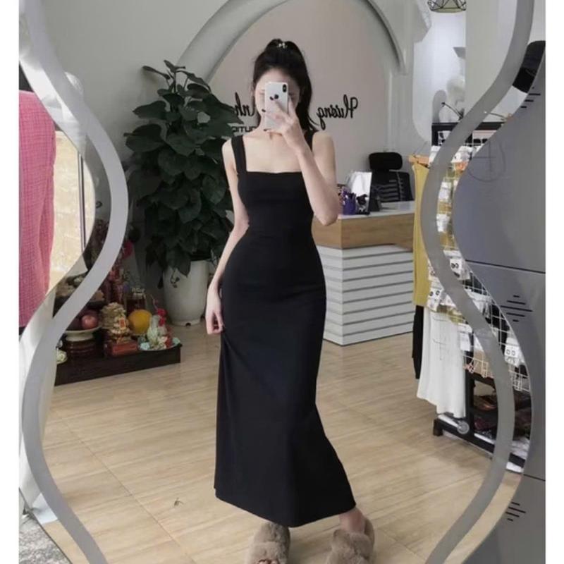 Đầm dây gân maxi bản lớn dáng xoè vải thun tăm quảng châu size dưới 55kg mã lp9