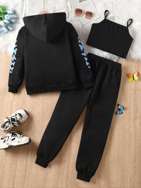 Three-Piece Set Girl's Butterfly Print Zip Up Hoodie & Crop Cami Top & Elastic Waist Sweatpants, Casual Long Sleeve Hooded Jacket & Spaghetti Strap Camisole & Jogger Pants for Spring & Fall, Kids Clothes for Daily Wear 1