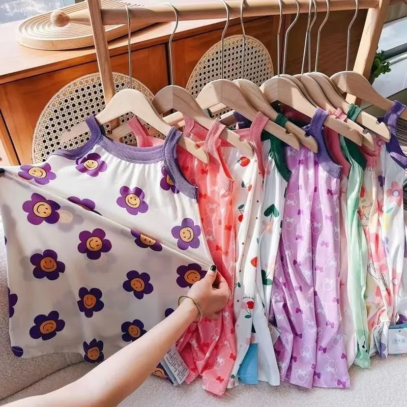 Váy Không Tay Không Dây Đẹp Cho Trẻ Em, Chất Liệu Lụa Lạnh Ngầu Dài Trung Bình Váy Ngủ Bé Gái, Thiết Kế In Hình, Thích Hợp Đi Biển, Mùa Hè 2023