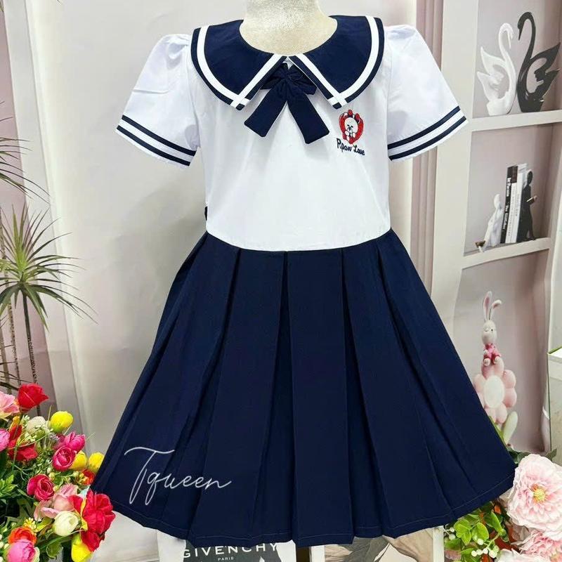 Đồng phục học sinh Áo + Váy liền không quần bé gái - Cotton mịn, hút mồ hôi - Việt Nam vay cho be 6