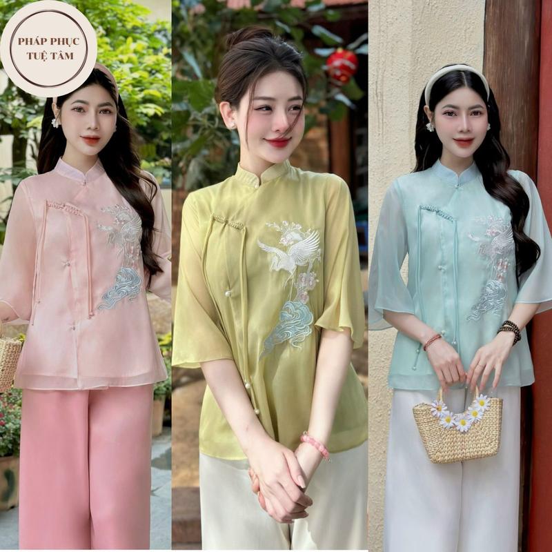 Bộ đồ đi chùa nữ cách tân voan tơ thêu hạc Pháp phục đi chùa cổ tàu dây tết cách điệu Đồ lam đi chùa 2 lớp VOAN HẠC Áo Women Kem Top trang phục truyền thống sz l thường