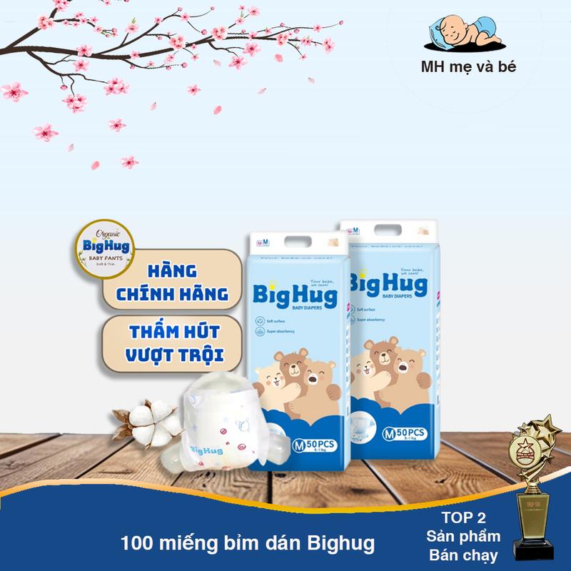 BỈM DÁN BIG HUG : Combo 100 Bỉm Dán Gồm 2 bịch Big Hug. Bỉm mỏng nhẹ 2mm. Thấm hút 400ml-600ml. Dùng cho trẻ từ sơ sinh từ 4kg-12kg. Size S M Cho Bé Voi