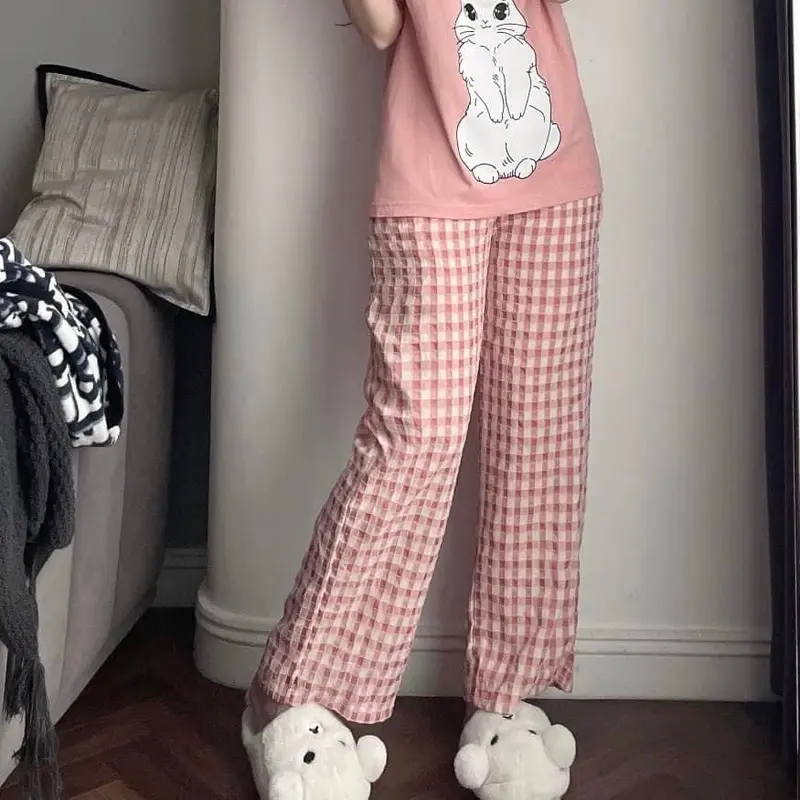 Quần Ống Rộng Nữ Kẻ Caro Chất Đũi Mềm Cạp Chun Dây Rút 684 Ong Pants 1