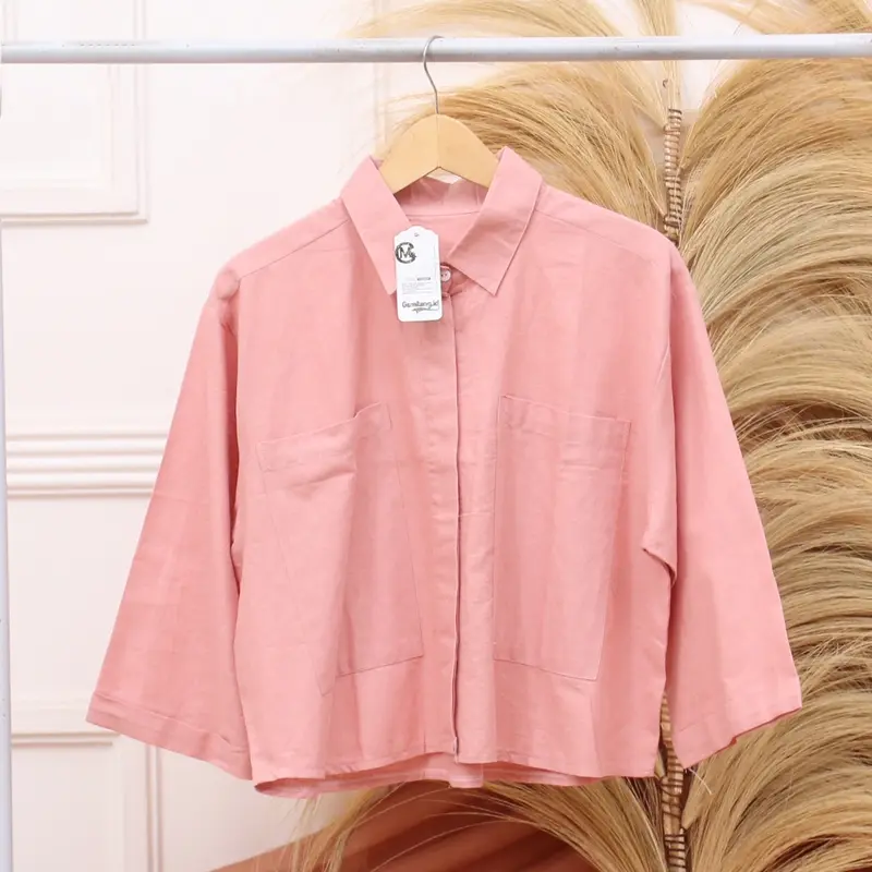 Melva Korean Crop Kemeja Wanita Semi Crop Linen Saku Dua Ld 120 Blouse Atasan Wanita Gemilang 4