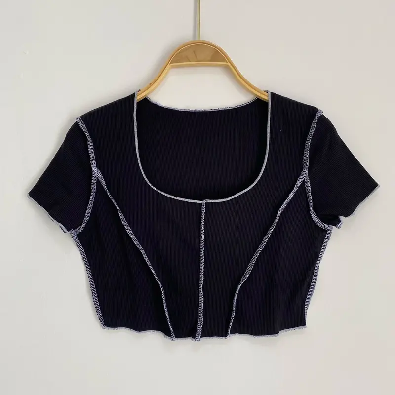 Atasan Crop Top Ribbed Setrip Korean Style/Kaos Lengan Pendek Wanita Polos Melar Baju 2