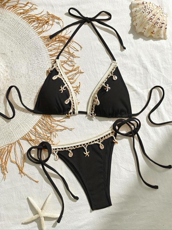 Women's Solid Color Starfish & Conch Decor Halter Triangle Bikini Set, High Stretch Casual Fashion Tie Back Backless Swim Top & Tie Side Swim Bottom, Ladies Swimsuit for Beach Holiday Vacation 6