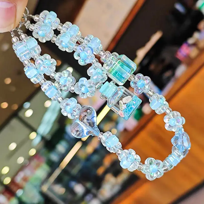 Ốp Điện Thoại Di Động Hạt Charm Hoa Hướng Dương Pha Lê Hai Lớp, Thiết Kế Chai Kim Sa, Thích Hợp Cho Điện Thoại Di Động, Dây Đeo Buộc, Mặt Dây Chuyền Ốp Điện Thoại, Vòng Tay Chống Rơi Hàng Mới Về 3