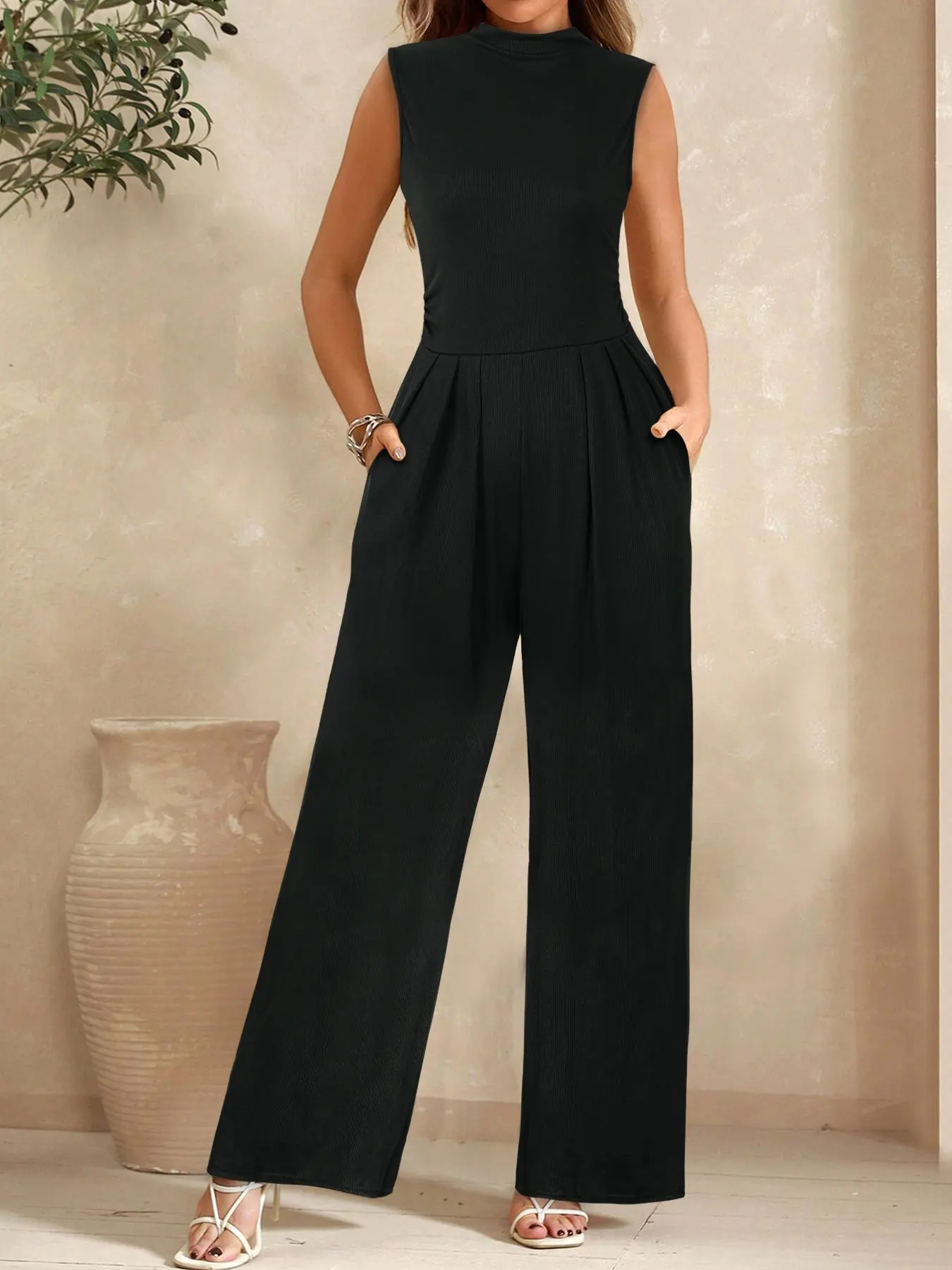 Women's Solid Color Mock Neck Comfortable Holiday Casual Wide Leg Jumpsuit with Pocket, Summer Clothes Women, Casual Comfy Jumpsuit for Summer