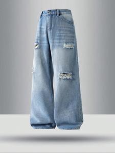 Men's Fashionable Distressed Ripped Jeans, Loose Casual Comfy Wide Leg Denim Pants for Daily Wear, Woven Bottoms for All Seasons, Cotton