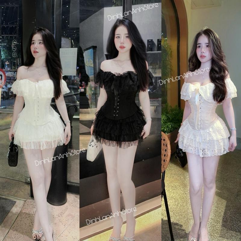 SET ÁO CORSET TRỄ VAI ĐAN DÂY CVAY REN TẦNG SANG CHẢNH (CÓ GỌNG DẺO)