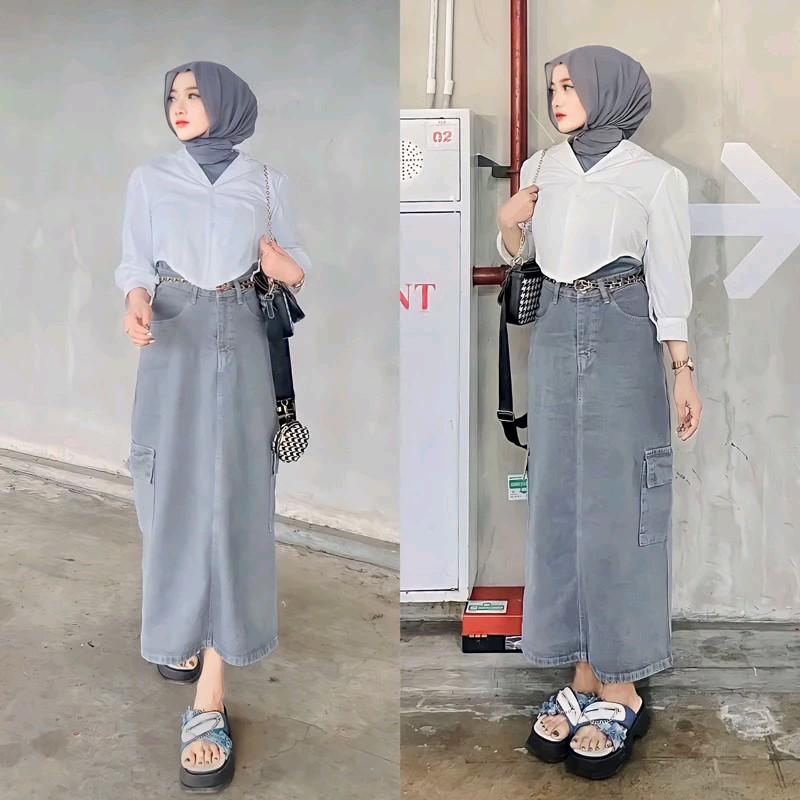 ROK KARGO JEANS Panjang Denim Karet Tebal Wanita Standar Katun A-Line Samping Melar Hitam Maxi Biru rok cargo tanpa belahan rok jeans span rok midi jumbo 4