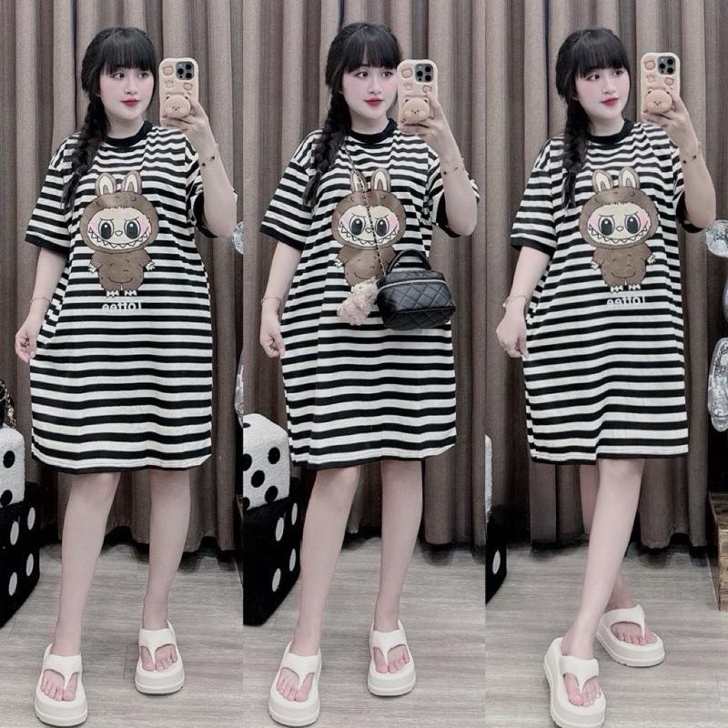 Váy Bầu Suông Đầm Bầu Suông Kẻ Hình Thỏ Thun Tăm Có Túi Nữ Women - Voi - Dress Sọc Kẻ Sọc Sen Kem