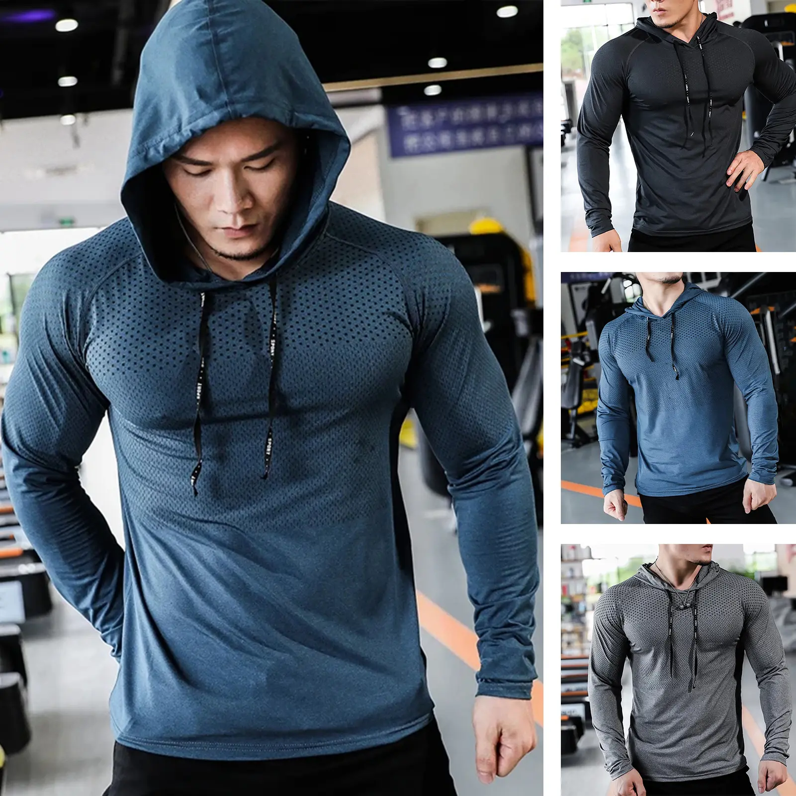 Áo Thể Thao Có Mũ Dây Rút Cho Nam, Áo Dài Tay, Dáng Ôm, Mềm Mại Và Thoáng Khí, Độ Đàn Hồi Cao, Nhanh Khô, Lưới Rỗng, Tập Luyện Chạy Bộ, Mùa Hè Và Mùa Xuân