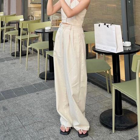 Quần linen dài nữ cạp cao ống rộng xếp ly, quần ống xuông rộng vải linen tưng cao cấp MQ074