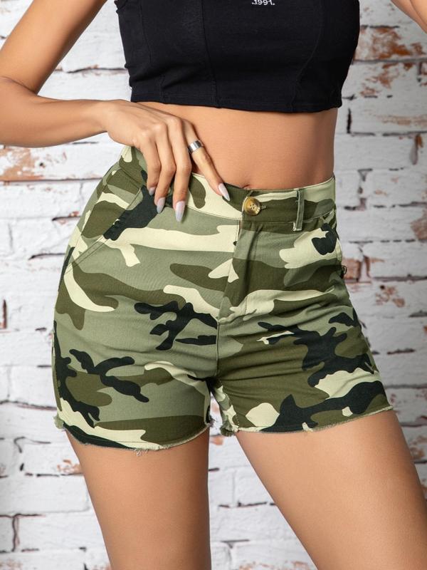 Women's Camo Print High Waist Button Front Skinny Shorts, Casual Comfy Shorts for Summer, Summer Clothes, Ladies Bottoms for Daily Wear, Shorts for Women 5