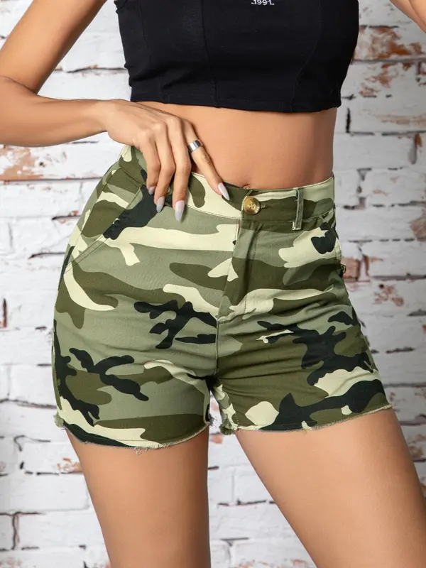 Women's Camo Print High Waist Button Front Skinny Shorts, Casual Comfy Shorts for Summer, Summer Clothes, Ladies Bottoms for Daily Wear, Shorts for Women 5